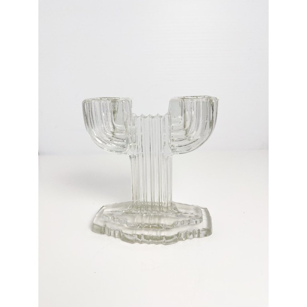 Vintage Anchor Hocking glass Queen Mary double candlestick - cactus design